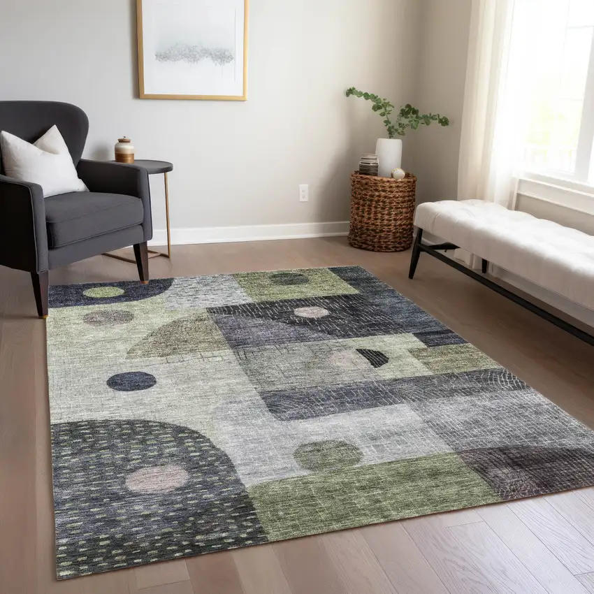 Artichoke Green Gray And Charcoal Geometric Washable Indoor Outdoor Area Rug Photo 9