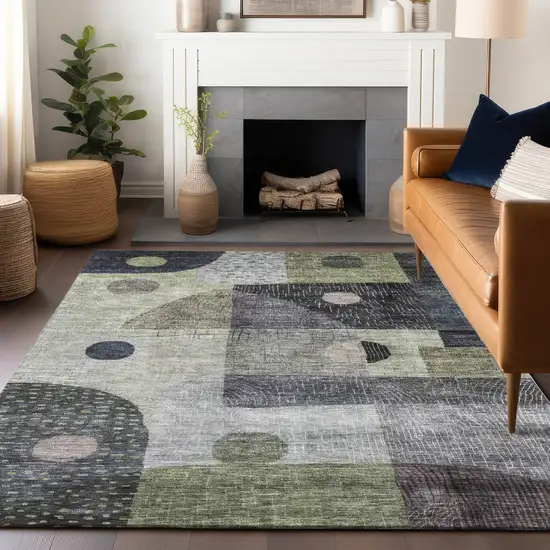 Artichoke Green Gray And Charcoal Geometric Washable Indoor Outdoor Area Rug Photo 8