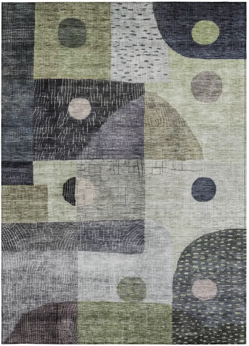 Artichoke Green Gray And Charcoal Geometric Washable Indoor Outdoor Area Rug Photo 6