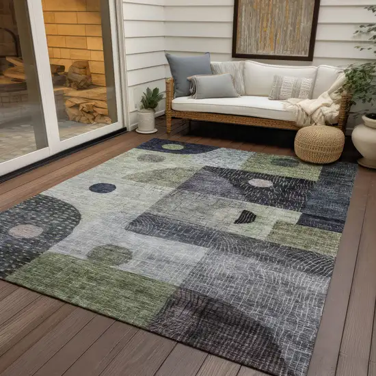 Artichoke Green Gray And Charcoal Geometric Washable Indoor Outdoor Area Rug Photo 7
