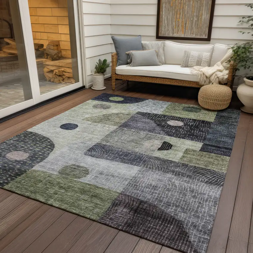 Artichoke Green Gray And Charcoal Geometric Washable Indoor Outdoor Area Rug Photo 7