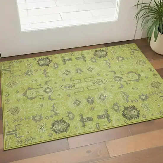 Artichoke Green Gray And Charcoal Oriental Washable Area Rug With UV Protection Photo 1