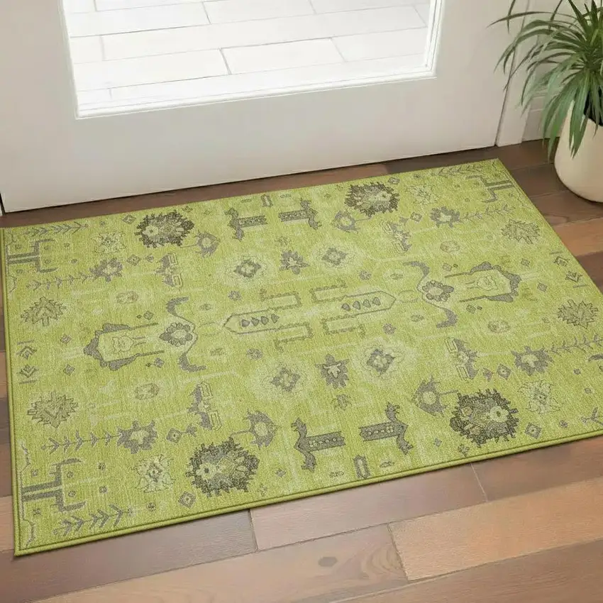 Artichoke Green Gray And Charcoal Oriental Washable Area Rug With UV Protection Photo 1