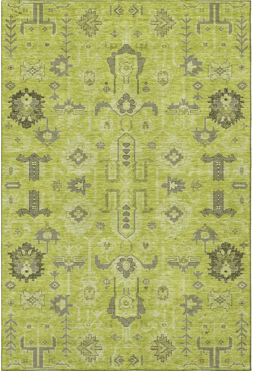 Artichoke Green Gray And Charcoal Oriental Washable Area Rug With UV Protection Photo 3