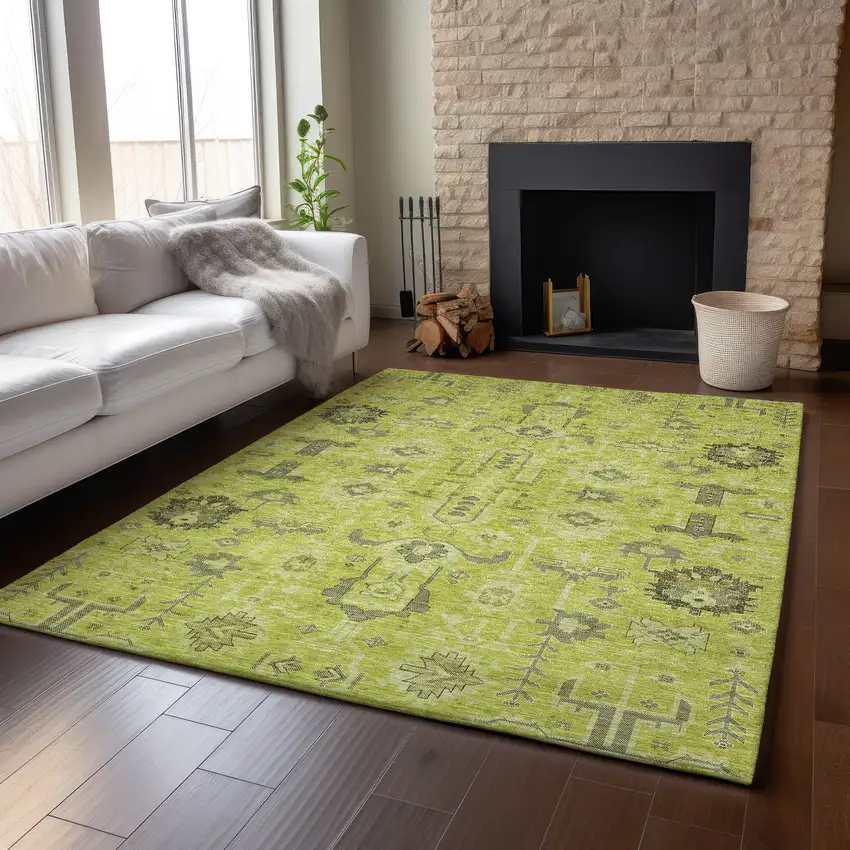 Artichoke Green Gray And Charcoal Oriental Washable Area Rug With UV Protection Photo 5