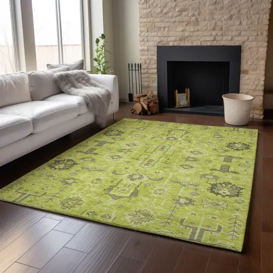 Artichoke Green Gray And Charcoal Oriental Washable Area Rug With UV Protection Photo 5