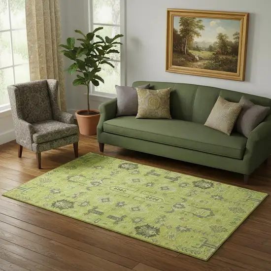 Artichoke Green Gray And Charcoal Oriental Washable Area Rug With UV Protection Photo 1
