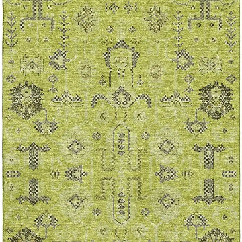 Artichoke Green Gray And Charcoal Oriental Washable Area Rug With UV Protection Photo 2