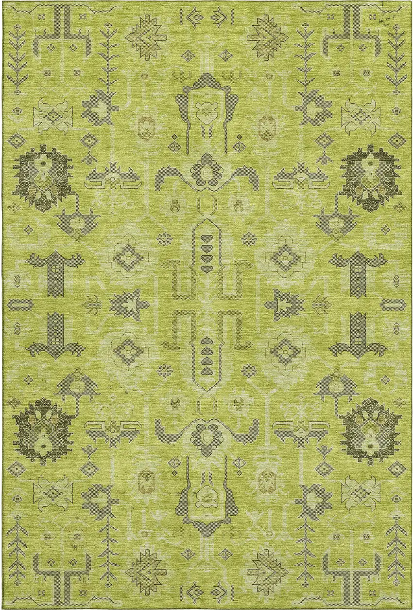 Artichoke Green Gray And Charcoal Oriental Washable Area Rug With UV Protection Photo 1