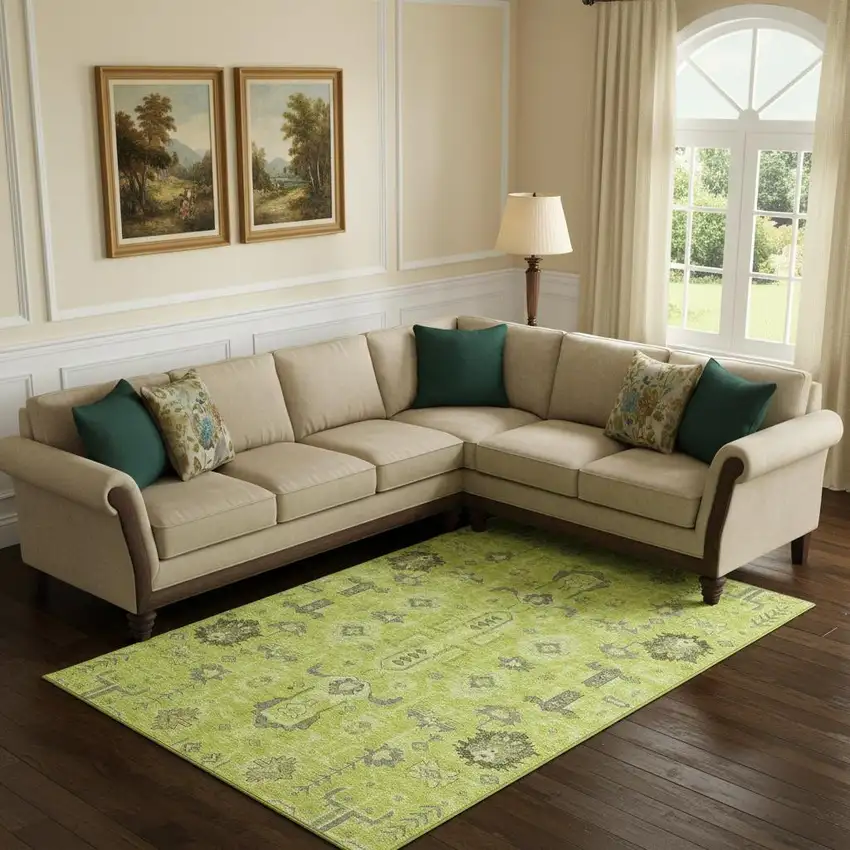 Artichoke Green Gray And Charcoal Oriental Washable Area Rug With UV Protection Photo 1