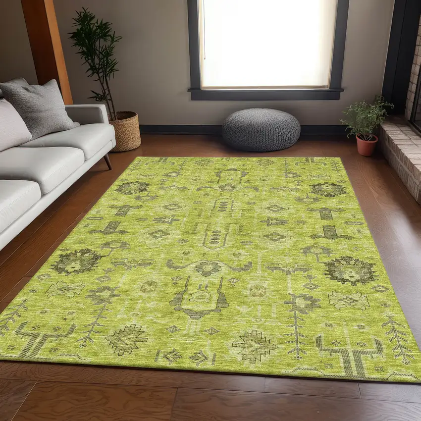 Artichoke Green Gray And Charcoal Oriental Washable Area Rug With UV Protection Photo 4
