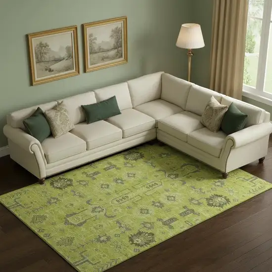 Artichoke Green Gray And Charcoal Oriental Washable Area Rug With UV Protection Photo 1