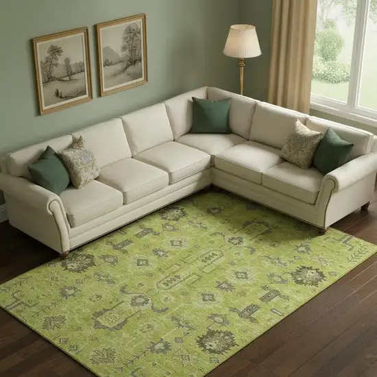 Artichoke Green Gray And Charcoal Oriental Washable Area Rug With UV Protection Photo 1