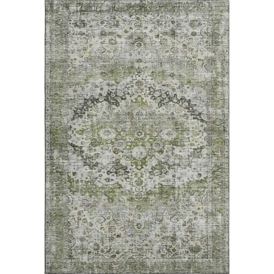 Artichoke Green Gray And Charcoal Oriental Washable Area Rug With UV Protection Photo 1