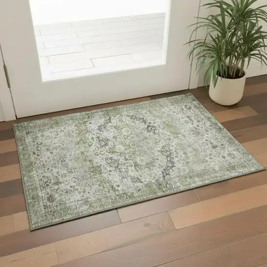Artichoke Green Gray And Charcoal Oriental Washable Area Rug With UV Protection Photo 2