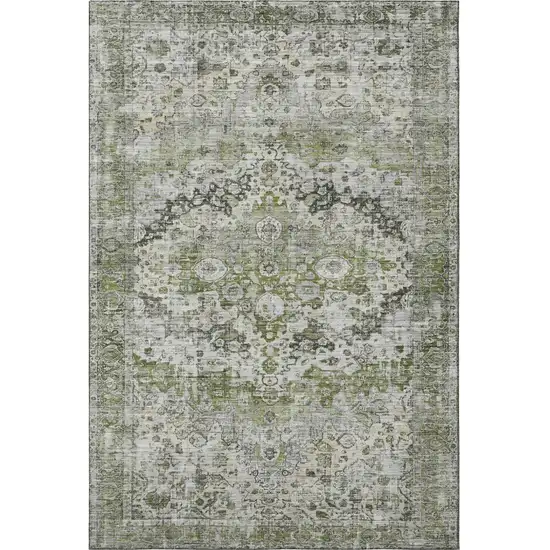 Artichoke Green Gray And Charcoal Oriental Washable Area Rug With UV Protection Photo 3
