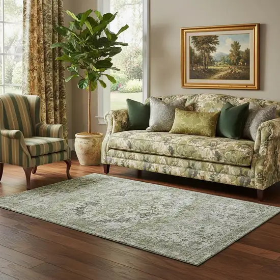 Artichoke Green Gray And Charcoal Oriental Washable Area Rug With UV Protection Photo 2