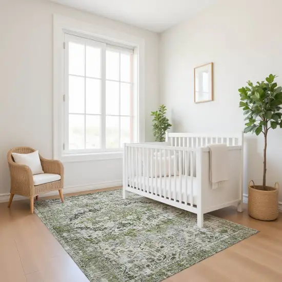 Artichoke Green Gray And Charcoal Oriental Washable Area Rug With UV Protection Photo 5