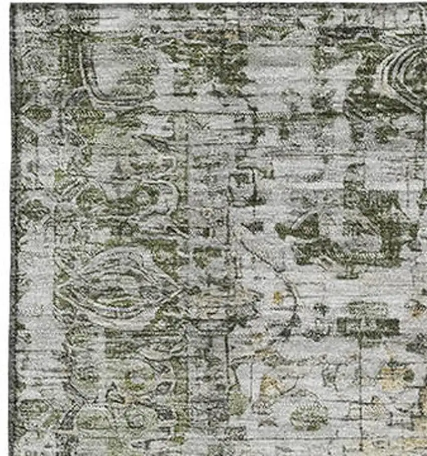 Artichoke Green Gray And Charcoal Oriental Washable Area Rug With UV Protection Photo 2