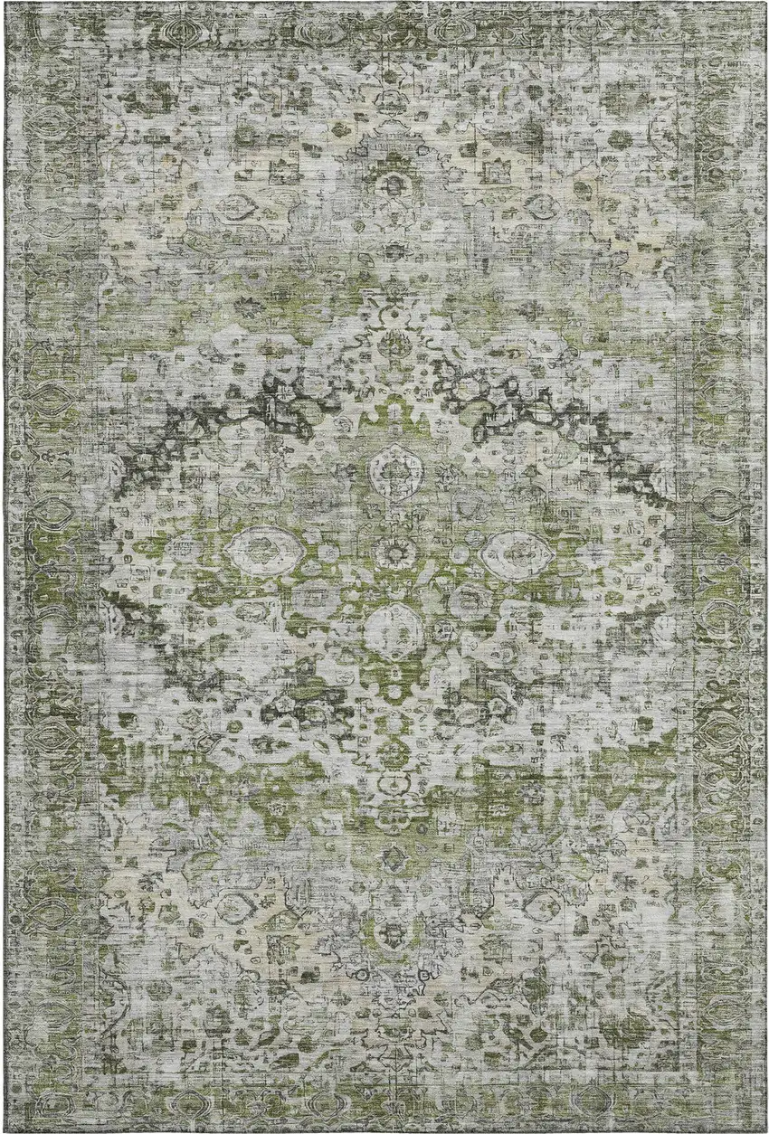 Artichoke Green Gray And Charcoal Oriental Washable Area Rug With UV Protection Photo 1