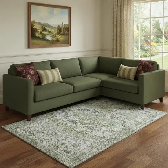 Artichoke Green Gray And Charcoal Oriental Washable Area Rug With UV Protection Photo 2