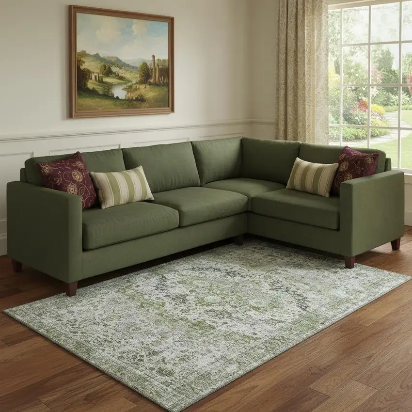 Artichoke Green Gray And Charcoal Oriental Washable Area Rug With UV Protection Photo 2