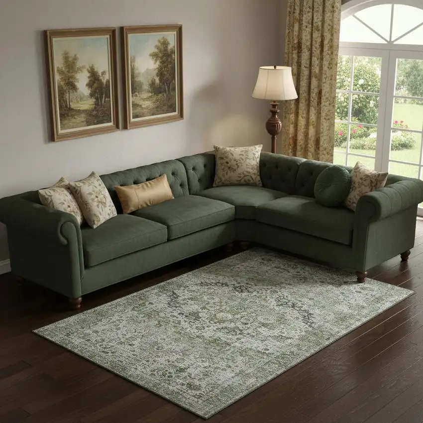 Artichoke Green Gray And Charcoal Oriental Washable Area Rug With UV Protection Photo 2