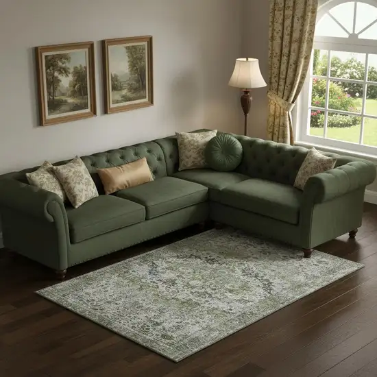 Artichoke Green Gray And Charcoal Oriental Washable Area Rug With UV Protection Photo 2