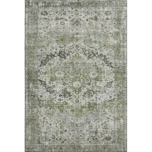 Photo of Artichoke Green Gray And Charcoal Oriental Washable Area Rug With UV Protection