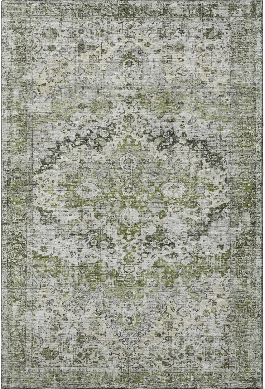 Artichoke Green Gray And Charcoal Oriental Washable Area Rug With UV Protection Photo 3
