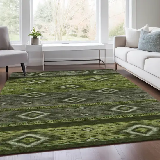 Artichoke Green Gray And Fern Green Tribal Washable Indoor Outdoor Area Rug Photo 8