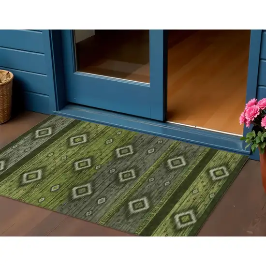 Artichoke Green Gray And Fern Green Tribal Washable Indoor Outdoor Area Rug Photo 2