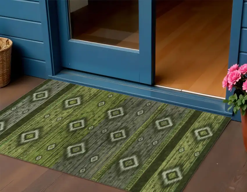 Artichoke Green Gray And Fern Green Tribal Washable Indoor Outdoor Area Rug Photo 2