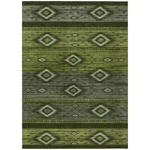 Photo of Artichoke Green Gray And Fern Green Tribal Washable Indoor Outdoor Area Rug