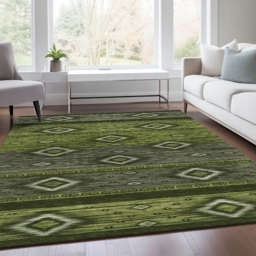 Artichoke Green Gray And Fern Green Tribal Washable Indoor Outdoor Area Rug Photo 8