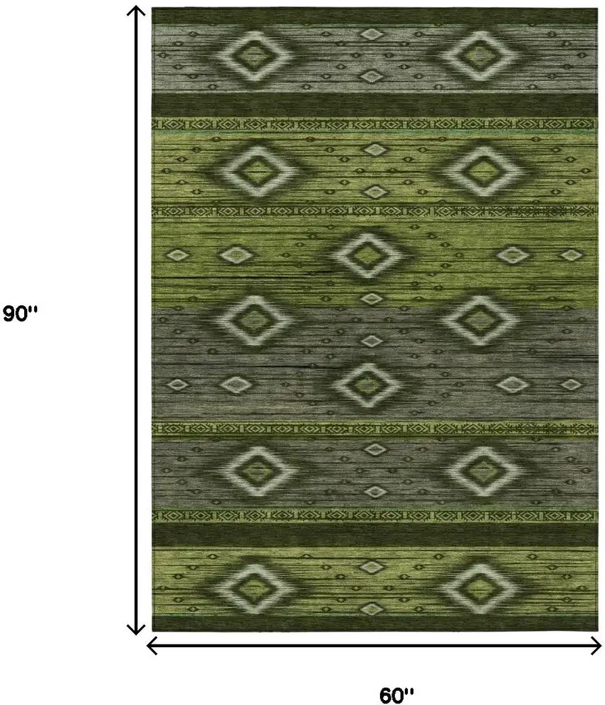 Artichoke Green Gray And Fern Green Tribal Washable Indoor Outdoor Area Rug Photo 8