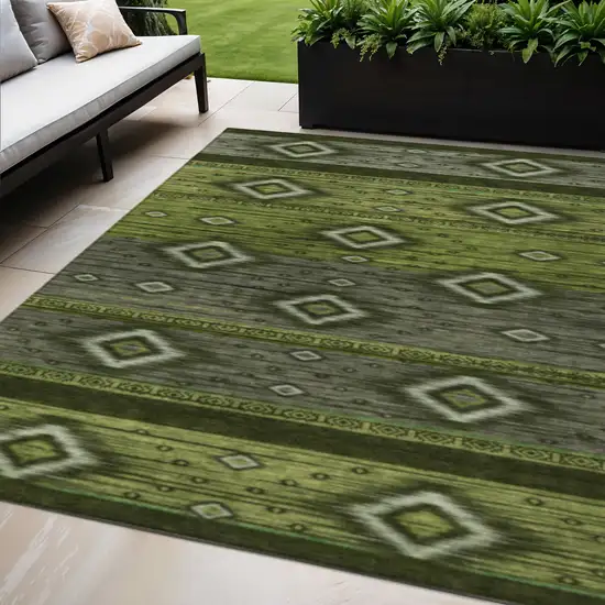 Artichoke Green Gray And Fern Green Tribal Washable Indoor Outdoor Area Rug Photo 2