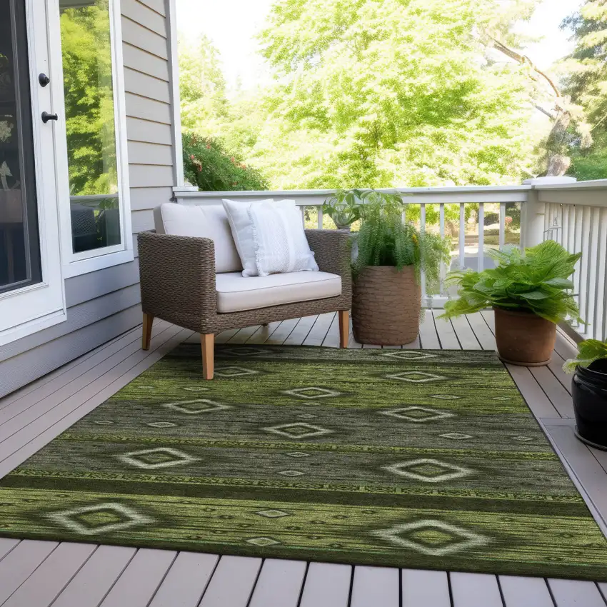 Artichoke Green Gray And Fern Green Tribal Washable Indoor Outdoor Area Rug Photo 9