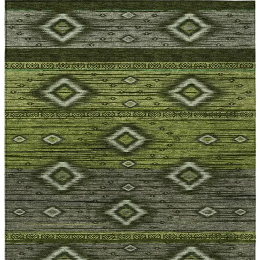 Artichoke Green Gray And Fern Green Tribal Washable Indoor Outdoor Area Rug Photo 3