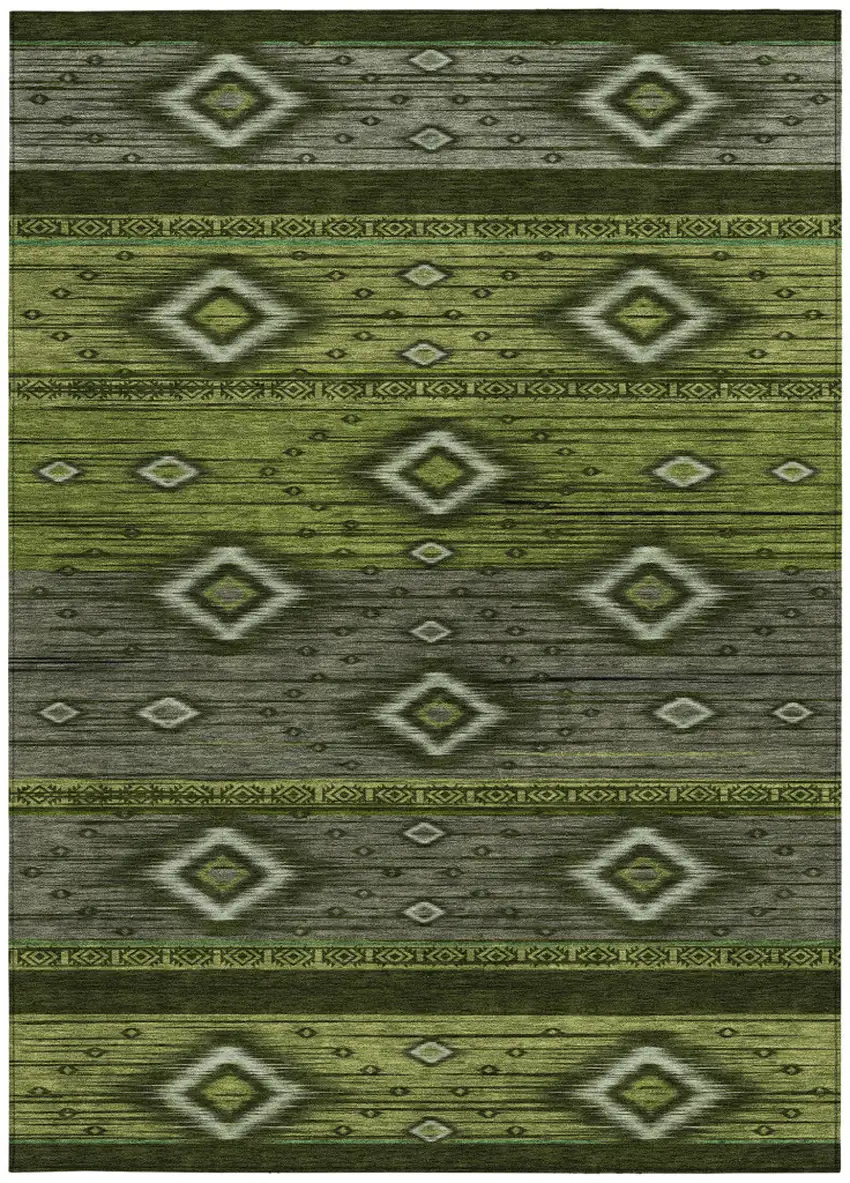 Artichoke Green Gray And Fern Green Tribal Washable Indoor Outdoor Area Rug Photo 4