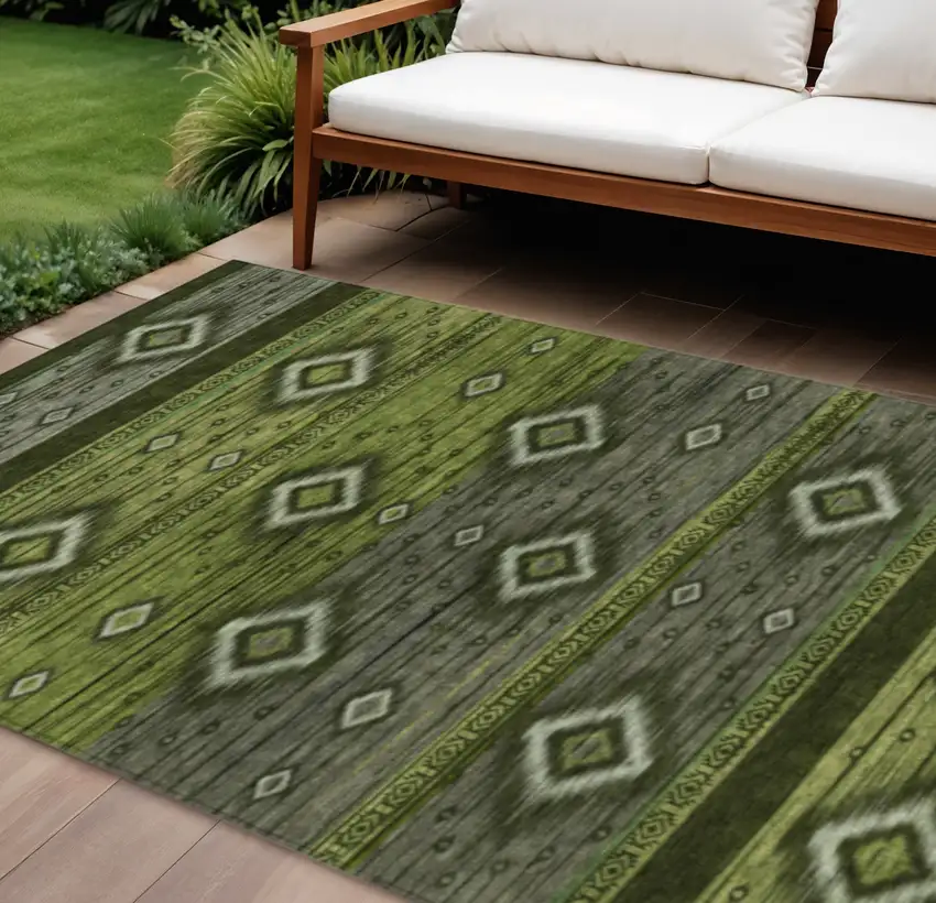 Artichoke Green Gray And Fern Green Tribal Washable Indoor Outdoor Area Rug Photo 2