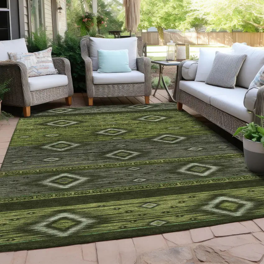 Artichoke Green Gray And Fern Green Tribal Washable Indoor Outdoor Area Rug Photo 6