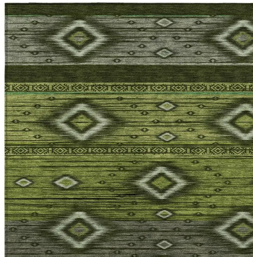Artichoke Green Gray And Fern Green Tribal Washable Indoor Outdoor Area Rug Photo 3