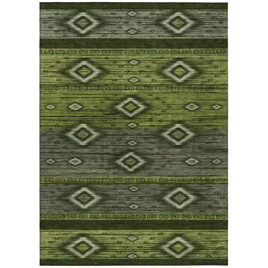 Artichoke Green Gray And Fern Green Tribal Washable Indoor Outdoor Area Rug Photo 1