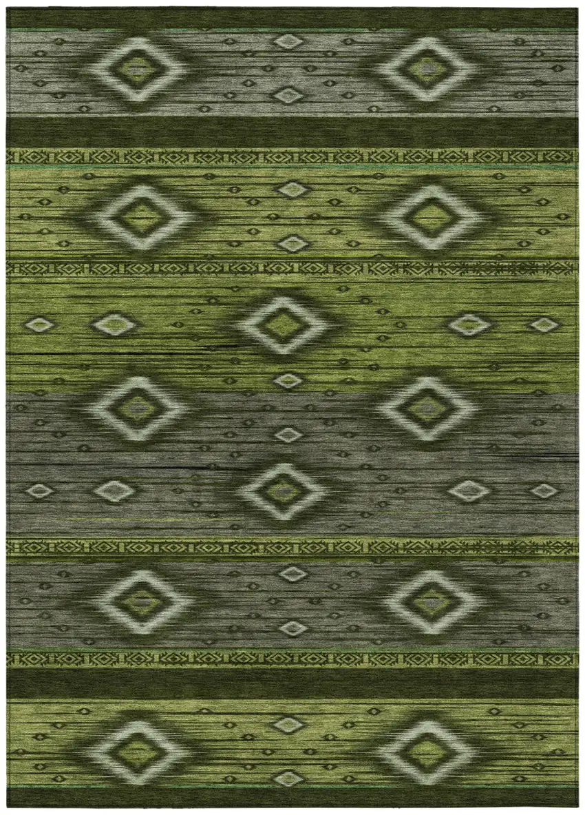 Artichoke Green Gray And Fern Green Tribal Washable Indoor Outdoor Area Rug Photo 1