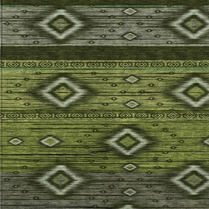 Artichoke Green Gray And Fern Green Tribal Washable Indoor Outdoor Area Rug Photo 8