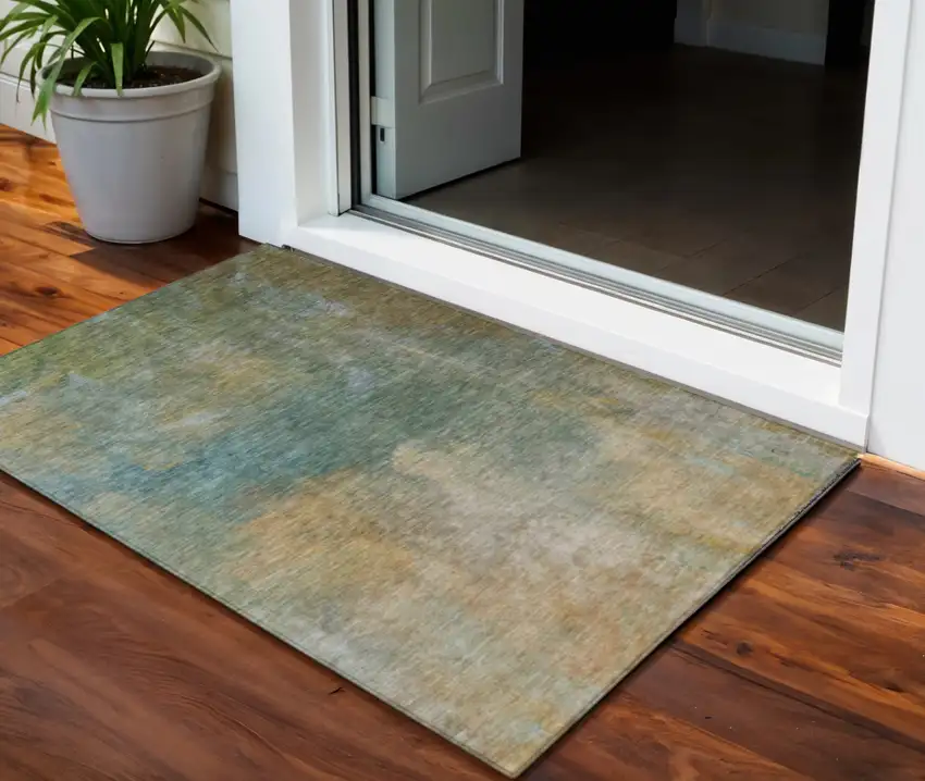 Artichoke Green Gray And Gold Abstract Washable Indoor Outdoor Area Rug Photo 1