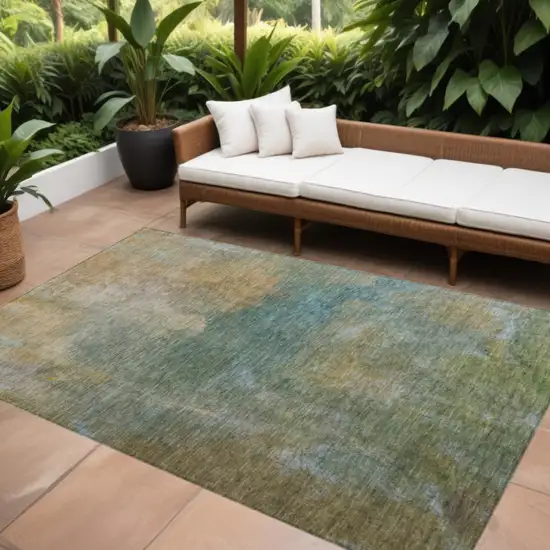 Artichoke Green Gray And Gold Abstract Washable Indoor Outdoor Area Rug Photo 1