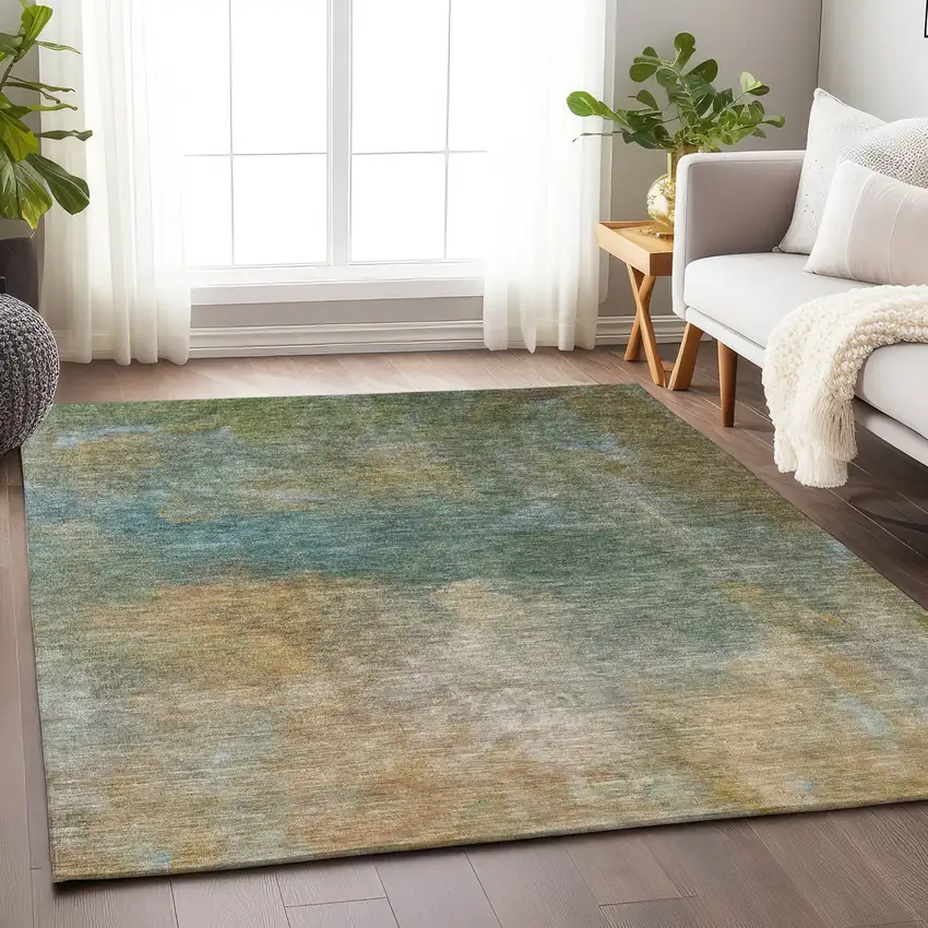 Artichoke Green Gray And Gold Abstract Washable Indoor Outdoor Area Rug Photo 8