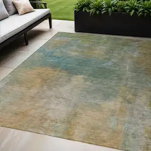 Photo of Artichoke Green Gray And Gold Abstract Washable Indoor Outdoor Area Rug